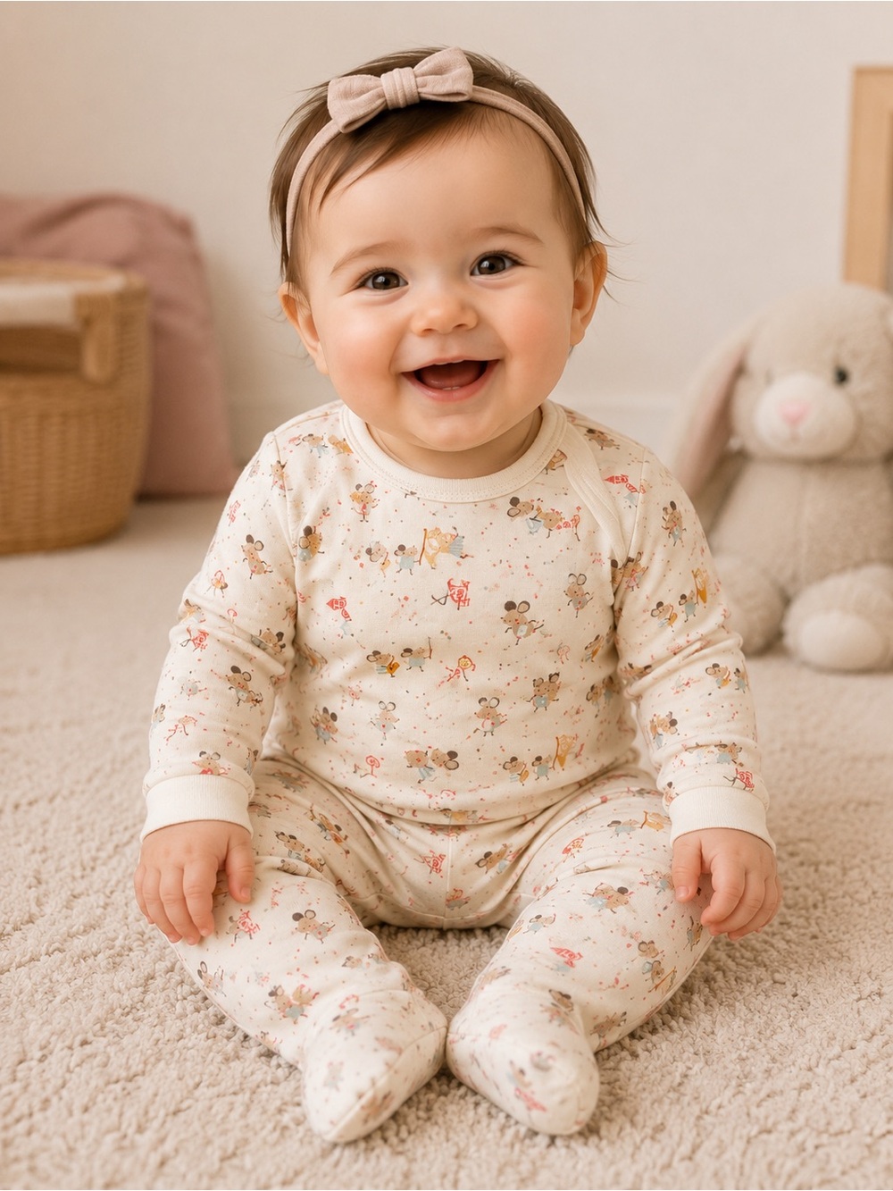 Magnetic Me Cream Baby Matching Pajama Set with Pink & Brown Mouse Band Print